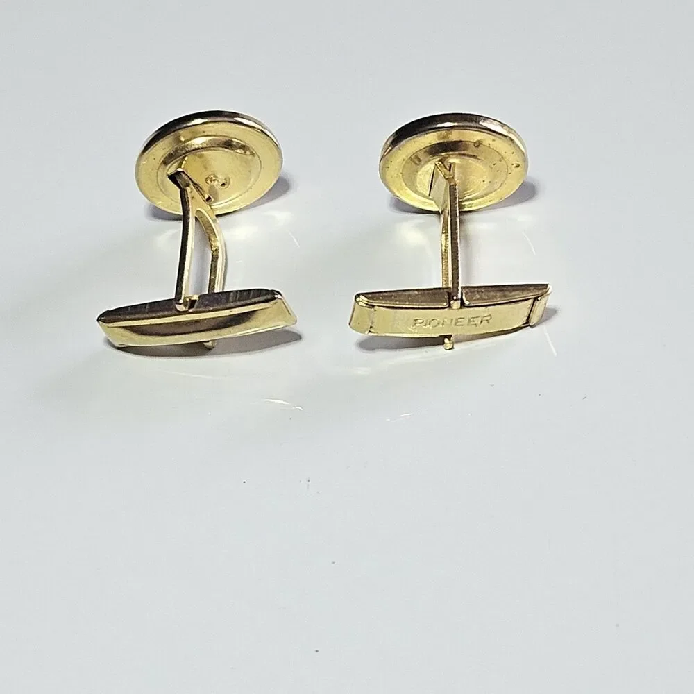 Round Cabochon Pioneer Black & Gold Tone Vintage Cufflinks